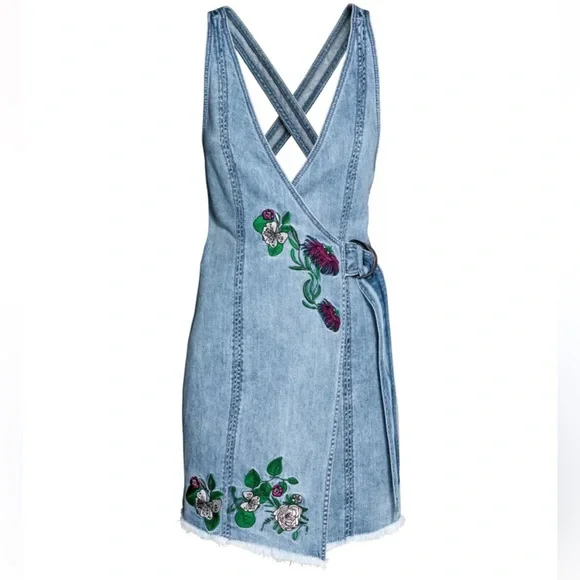 H&M Loves Coachella Denim Wrap Dress with Floral Embroidery - Picture 2 of 9